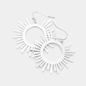Metal Sunburst Dangle Earrings in Rhodium